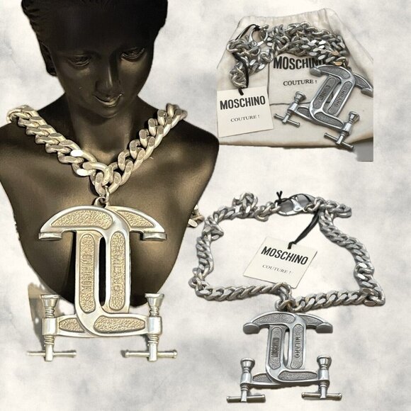 Moschino Bold Silver-Tone Asymmetric Tough-Luxe Charm Chain Statement Necklace - Picture 1 of 6
